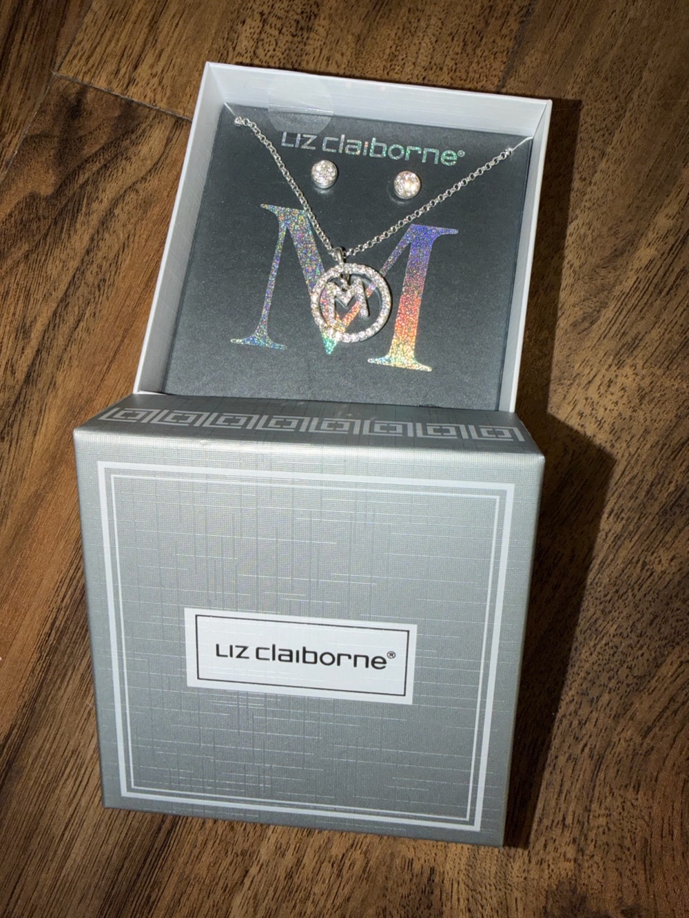 Liz Claiborne Silver “M” Pendant Necklace and Stud Earrings Set